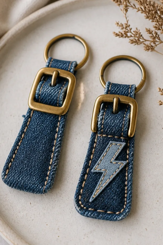 A pair of denim key fobs made from blue jean scraps, each with a small brass buckle taken from a thrift belt. The edges are stitched in light tan thread, and one fob has a stitched patch shaped like a lightning bolt.