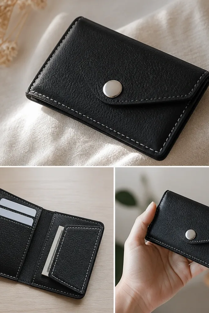 A slim phone wallet made from black leatherette scraps with a visible magnetic snap closure on the front. Inside are two card slots and a small stitched pocket for cash, with neat topstitching in white thread.