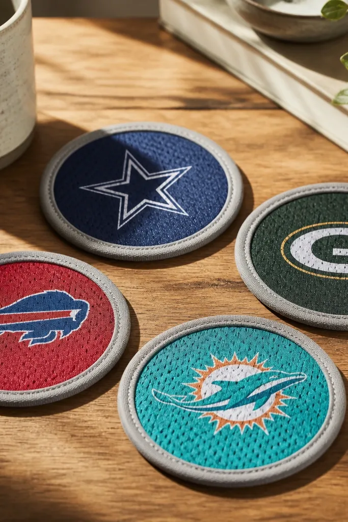 Four round coasters made from a faded sports jersey fabric. Each has a neat fabric binding around the edge in contrasting grey, and the center shows a printed team logo patch.