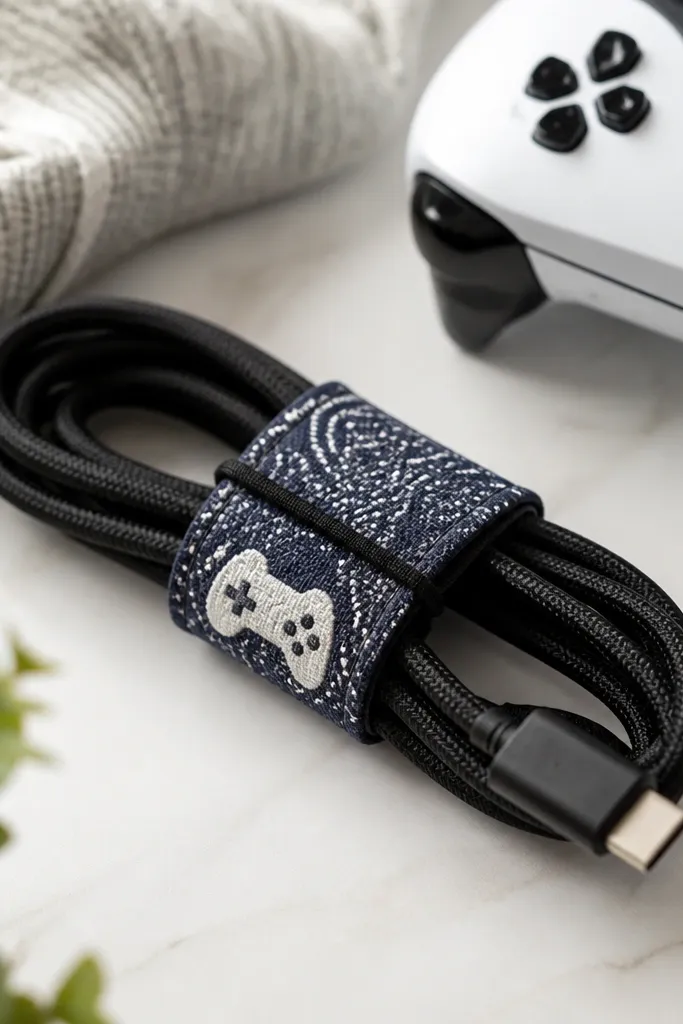 A fabric wrap strap for a controller cable made from patterned canvas. It has a Velcro strap closure and a stitched loop that holds the cable neatly, with a small stitched icon near the end.