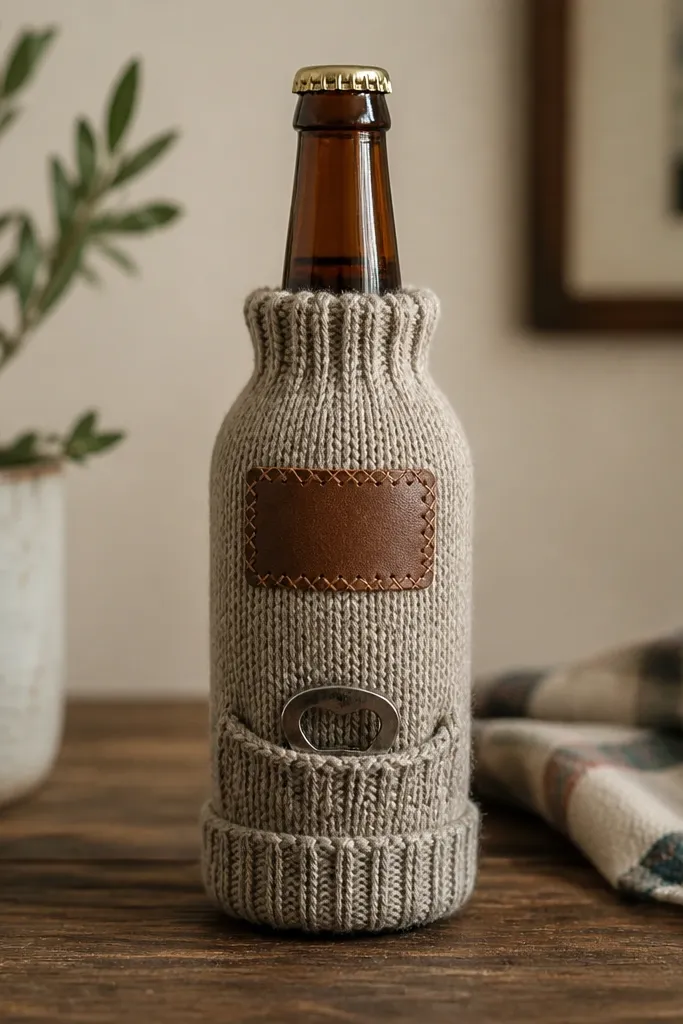 A fitted beer bottle cozy made from knit fabric, with a stitched name patch on the front and a small hidden pocket near the bottom. The cozy has a turned-up cuff and a snug elastic top.