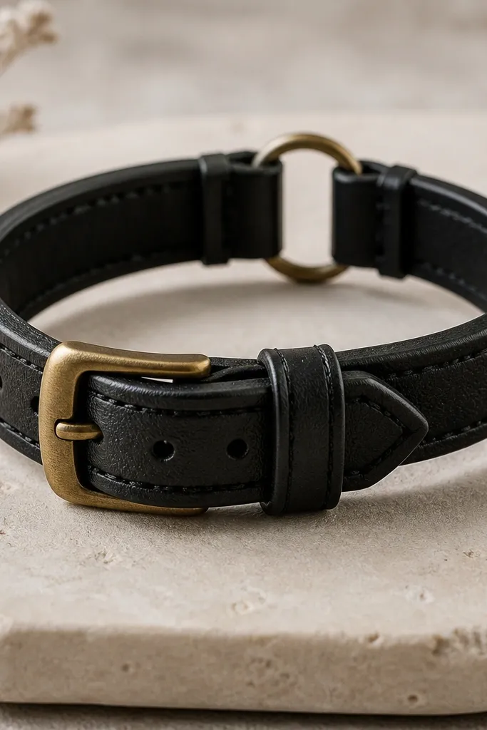 A bracelet made from a black watch strap with visible stitching and a brass buckle. There are two small metal rings connecting the strap ends and a clean folded edge where the strap was shortened.