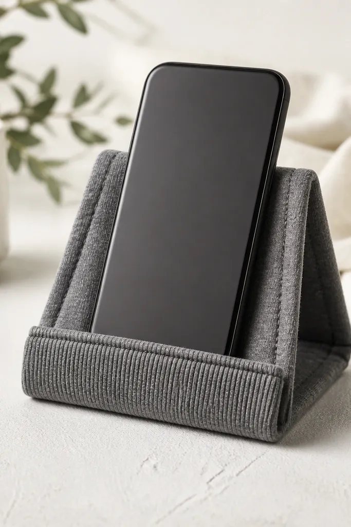 A phone stand made from a cut hoodie pocket panel. The stand forms a V shape with a stitched fold, and it has a subtle cuff edge and stitched seams in matching thread.