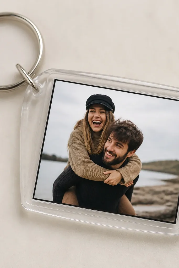 A clear keychain with a photo insert inside. The photo shows a candid moment, bordered by a thin black frame. The keychain has a metal split ring and a smooth glossy finish.