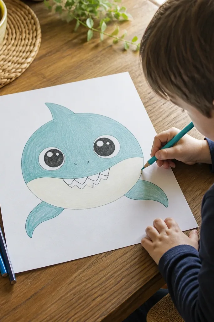 A baby shark head with two big eyes and sparkle dots, simple bubbles around it