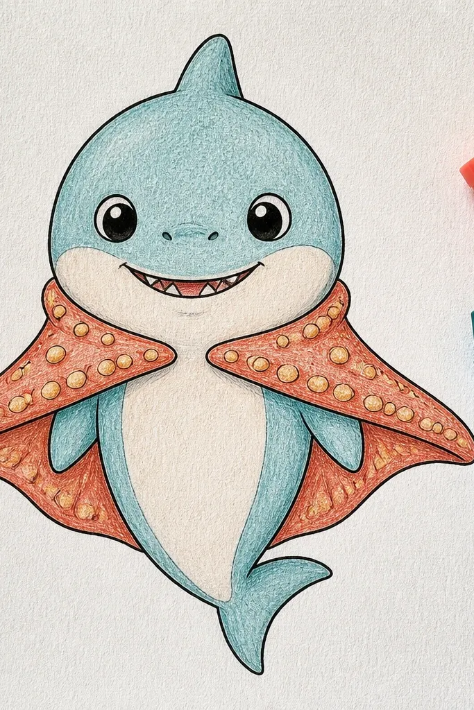 A baby shark with a starfish shape on its back like a cape and a few bubbles