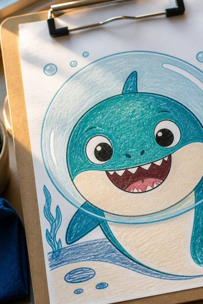 A baby shark head inside a rounded bubble helmet with small bubbles floating