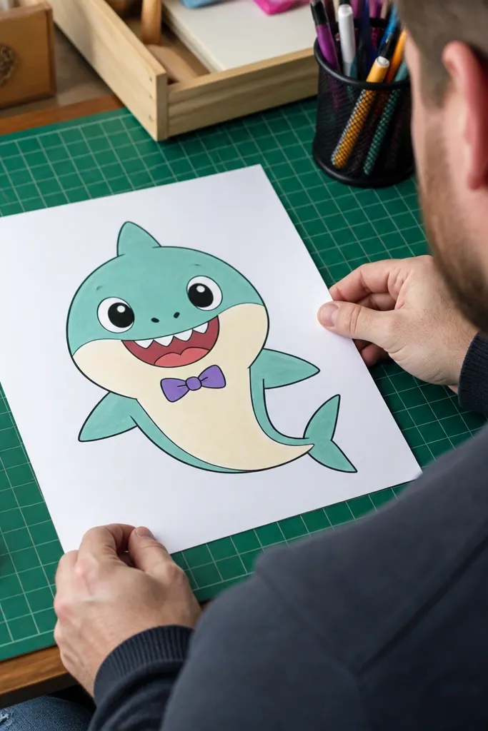 A baby shark wearing a small bow tie under its chin with simple waves