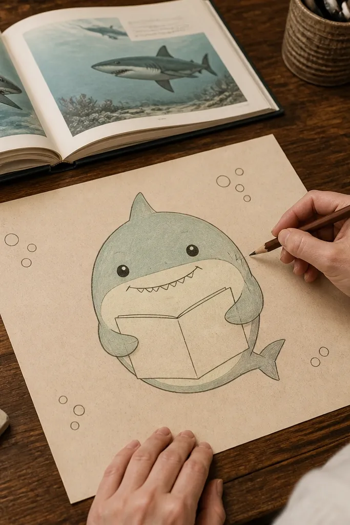 A baby shark sitting and holding a small open book with a few bubbles