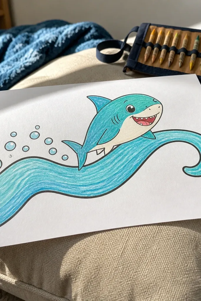 A baby shark sitting on a curved wave with a happy face and bubbles