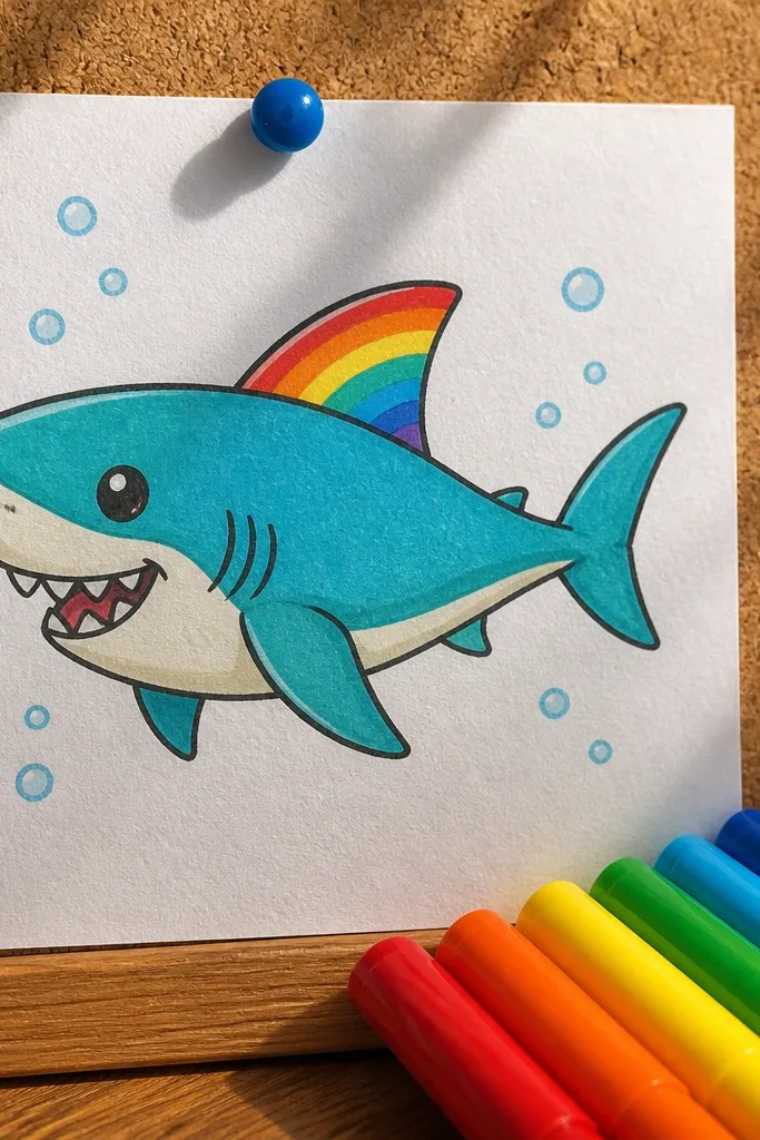 A baby shark with a rainbow stripe on one fin and simple bubbles in the background