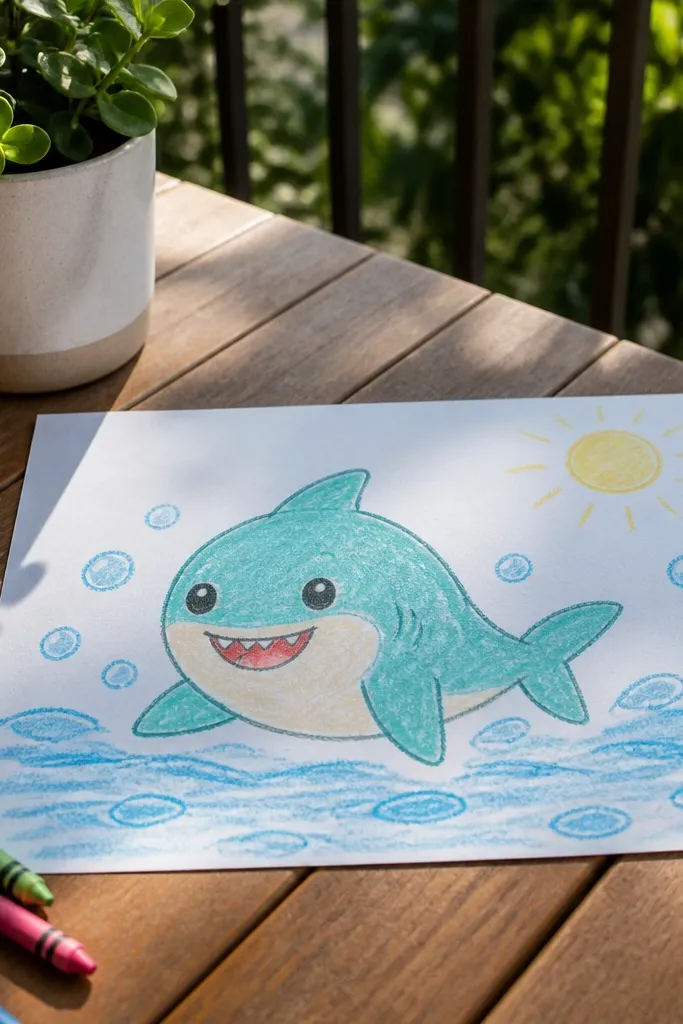 A baby shark underwater with a bright sun in the top corner and bubbles