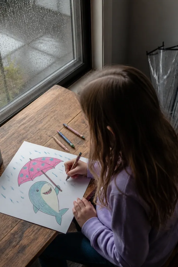 A baby shark under a small umbrella with polka dots and raindrop lines
