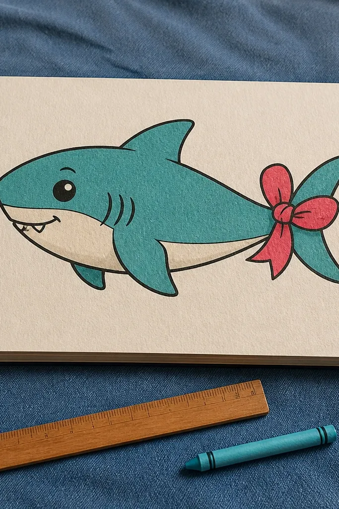 A baby shark with a bow tied at the tail fin and small bubbles behind