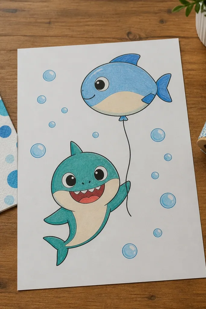 A baby shark holding a fish-shaped balloon with a string and bubbles