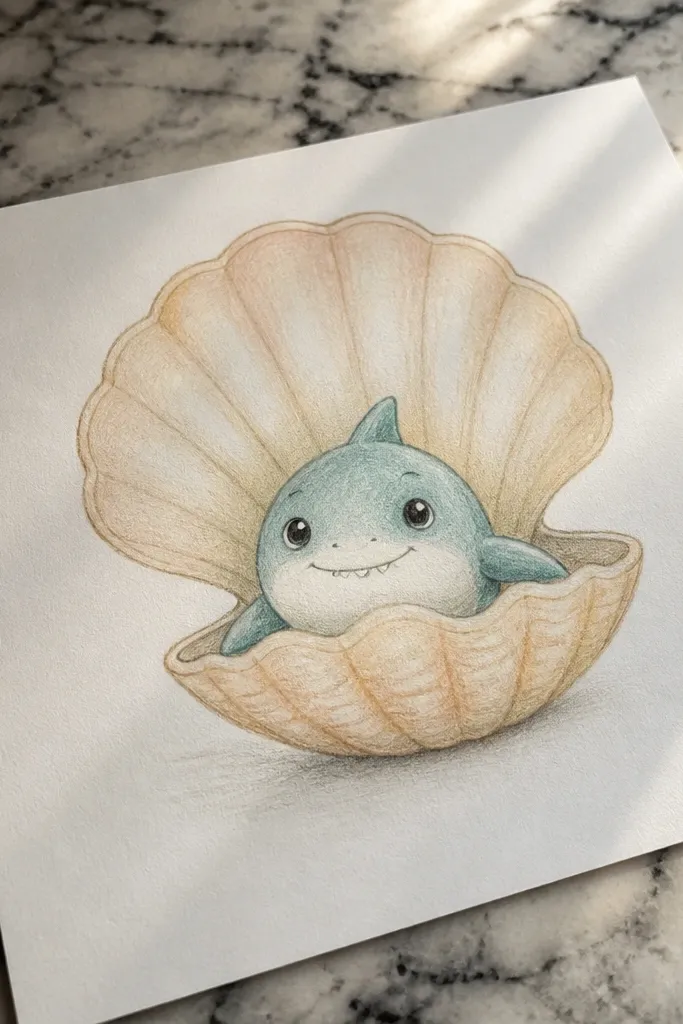 A baby shark peeking out of a clamshell with shell ridges and bubbles