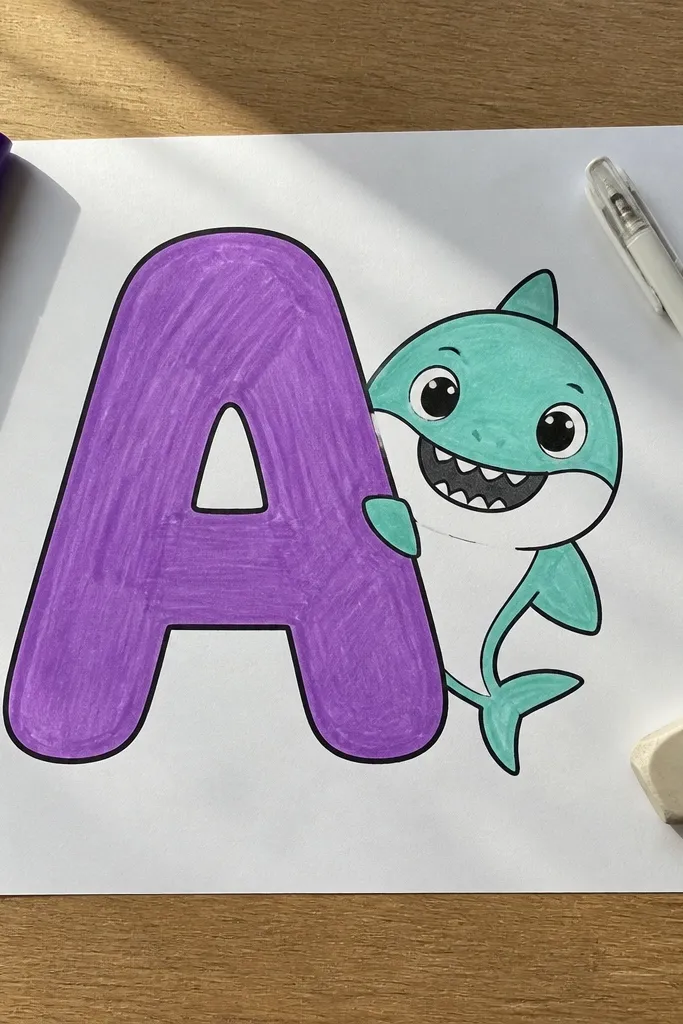 A baby shark next to a big bubble letter A and small bubbles