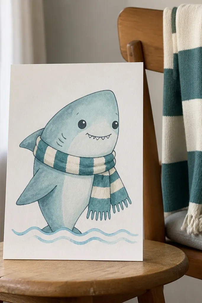A baby shark wearing a striped scarf around its neck with waves below