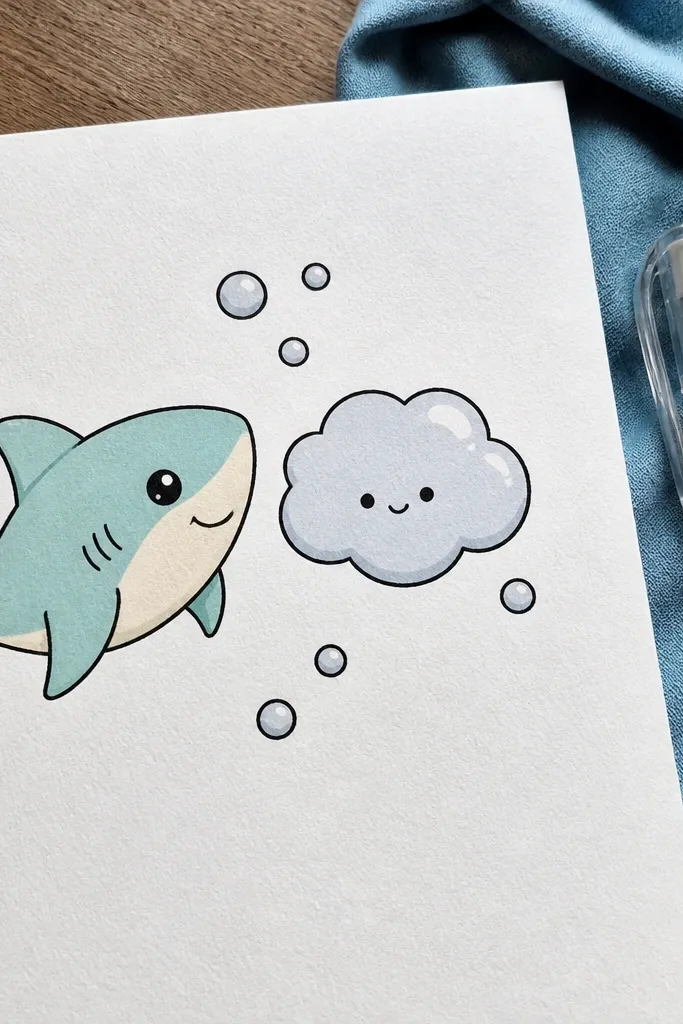 A baby shark with a cloud-shaped bubble above its head and tiny face inside the bubble