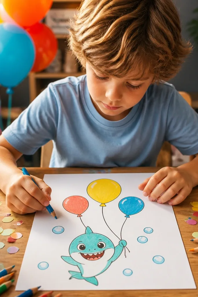 A baby shark holding three balloons with strings and small bubbles