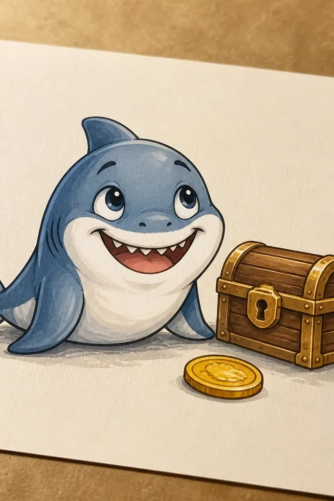A baby shark beside a small treasure chest with a gold coin and bubbles
