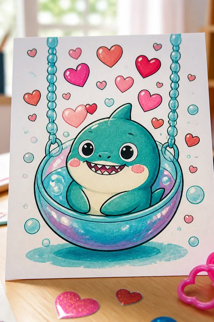 Baby shark on a bubble swing with floating hearts around it