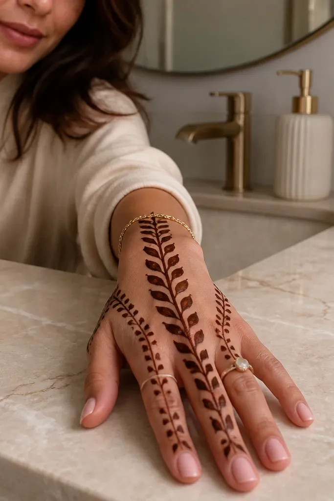 Back of hand with a central vine and stacked leaf shapes toward the thumb side