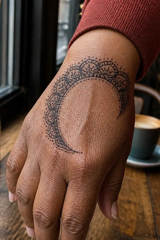 Back of hand with a half-moon lace border and small dots filling the spaces