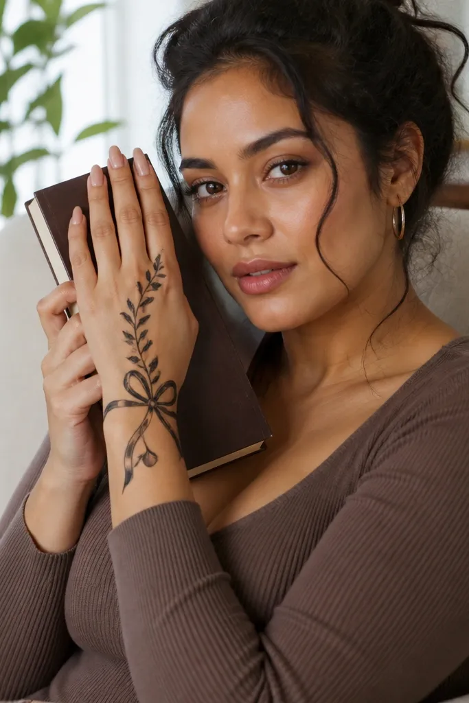 Back of hand with a diagonal vine and bow-like curls near the wrist band