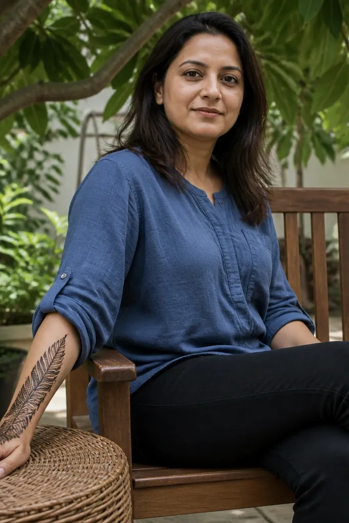 Back of hand with feather motifs and a thin stem leaving space between lines