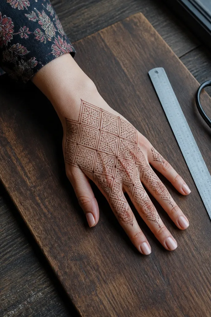 Back of hand with geometric blocks outlined and micro dots filling the gaps