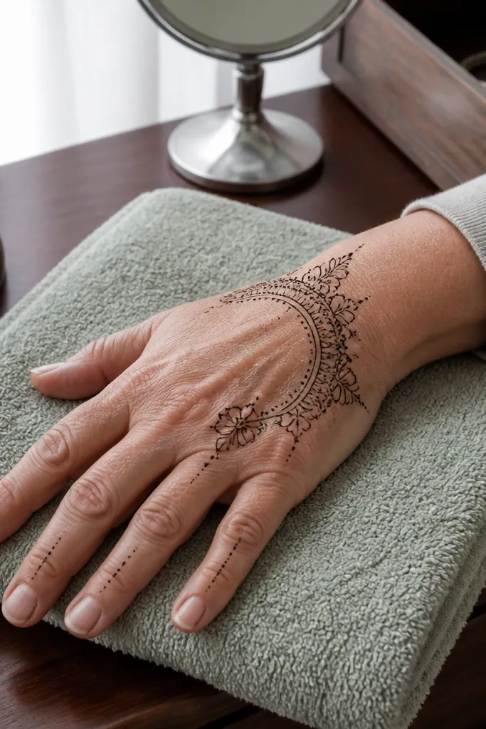 Back of hand with dotwork near finger tips and an open arch bridge