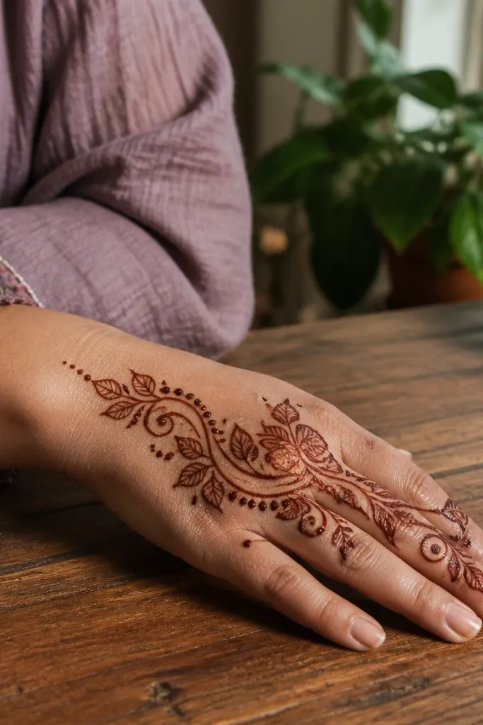 Back of hand with a vine cascade from wrist to fingers and bead-like dot accents
