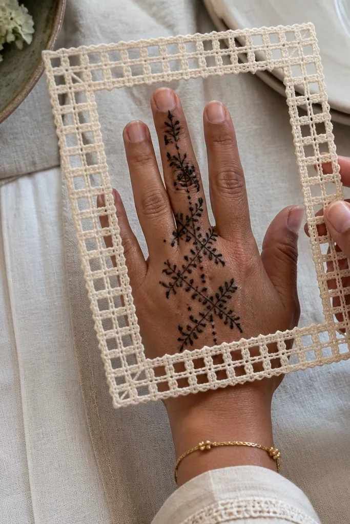 Back of hand with a rectangle lace grid and fine connecting lines
