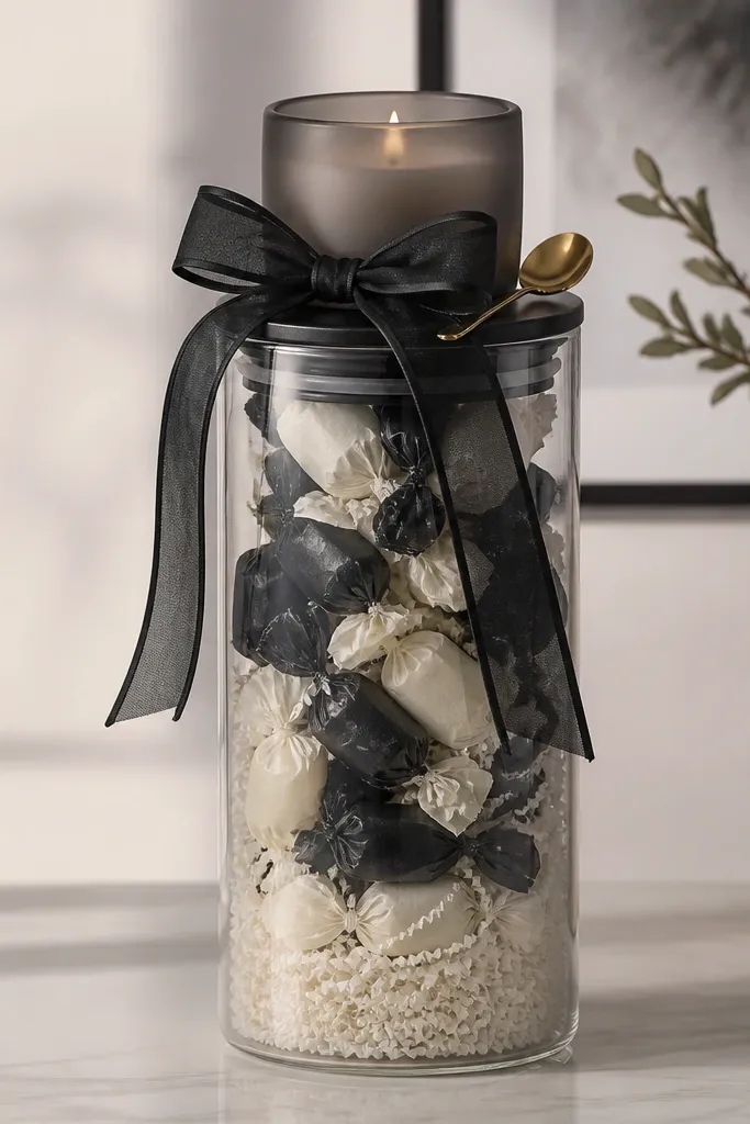 A tall clear jar filled with white shredded paper and black-and-cream wrapped treats. The top shows a frosted glass candle in a smoky gray holder, a small gold spoon, and a wired black ribbon tied in a neat bow.