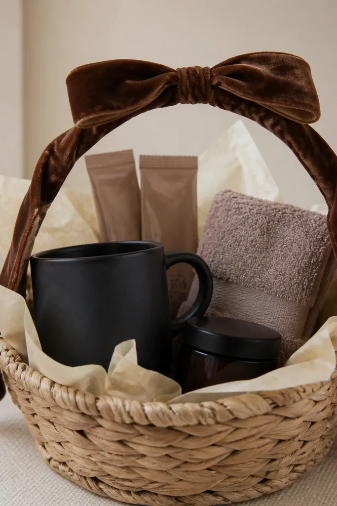 A matte black mug sits in a shallow woven basket. Inside are cocoa mix packets wrapped in cream tissue, a small body scrub in a dark jar, and a plush mini face towel folded neatly. A thick velvet ribbon wraps the basket handle.
