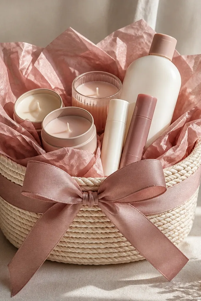 A cream woven basket filled with dusty rose tissue paper. A bouquet-like arrangement of mini candles, lip balm, and a small lotion bottle sits on top. Dusty rose wired ribbon wraps the sides with a bow centered.