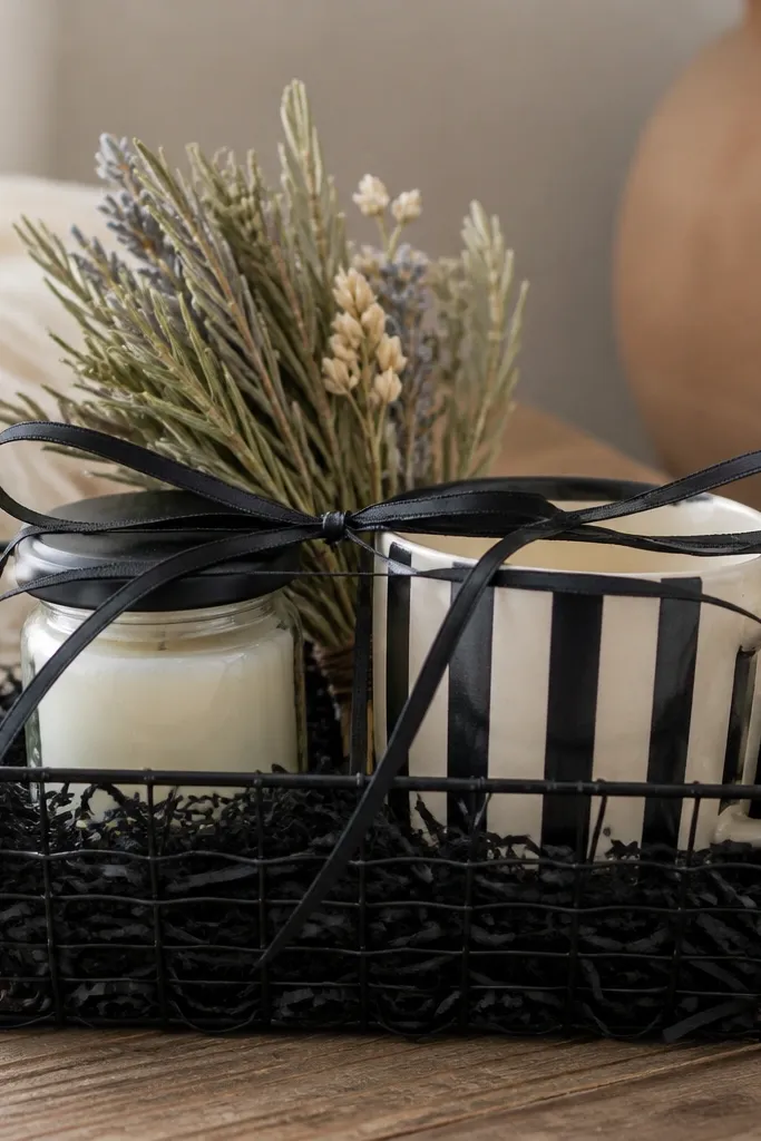 A black wire caddy holds a small jar candle, a black-and-cream striped mug, and a bundle of faux dried herbs. The basket is lined with black crinkle paper and topped with a thin black ribbon.