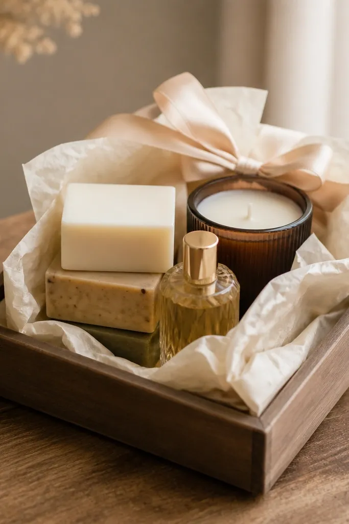 A small wooden tray on a table holds neatly stacked wrapped soaps, a small dark candle, and a mini perfume bottle. Cream tissue wraps each item and is tucked under a satin ribbon bow at the back.