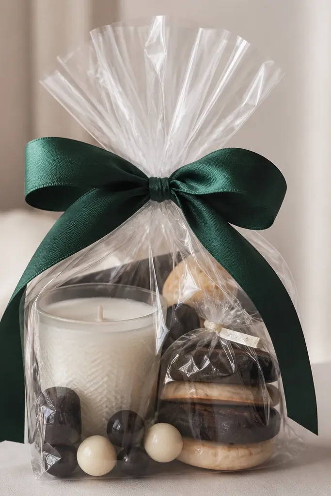 A clear bag filled with black-and-cream items. The top is gathered and wrapped with a wide fabric ribbon in deep emerald. Inside, a frosted candle and wrapped cookies are visible through the plastic.