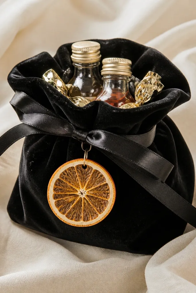 A small black velvet pouch sits on a cream cloth. Inside are visible mini bottles and wrapped candies. A black ribbon cinches the pouch drawstring, and a single dried orange slice charm hangs from the tie.