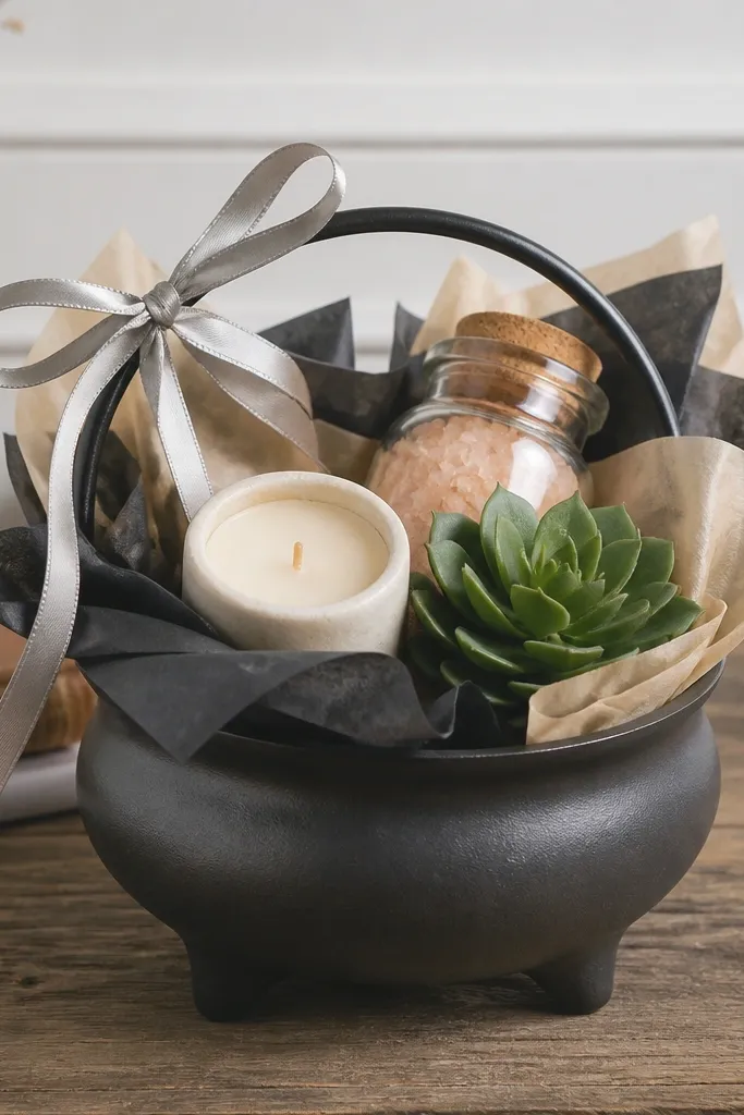 A small ceramic cauldron planter sits on a wooden table. It holds a mini candle, bath salts in a glass jar, and a faux succulent. Black-and-cream tissue peeks out from the top, and a silver ribbon ties around the handle.