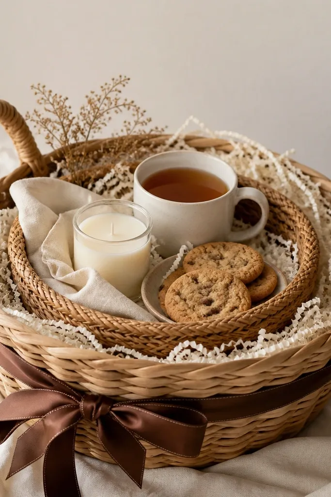 A large woven basket holds a smaller woven basket inside. The inner basket contains a candle, tea, and cookies. The outer basket is lined with cream shredded paper and finished with a brown leather-look ribbon.