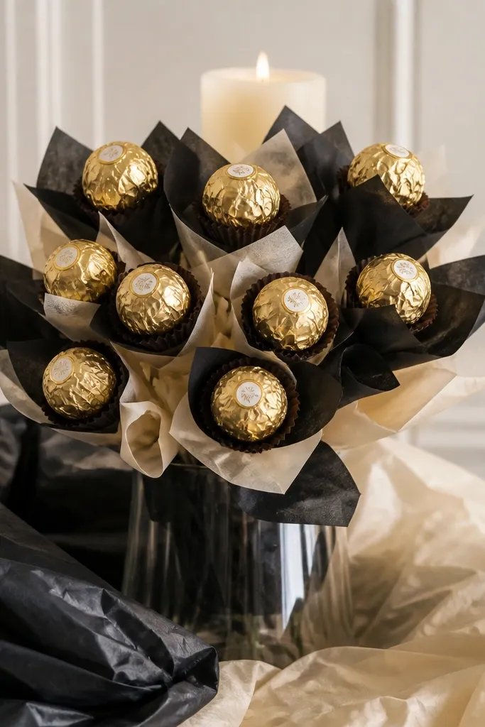 A bouquet arrangement in a clear vase. Wrapped chocolates stand upright like flowers, with a frosted candle at the back and black-and-cream tissue spilling softly around the base.