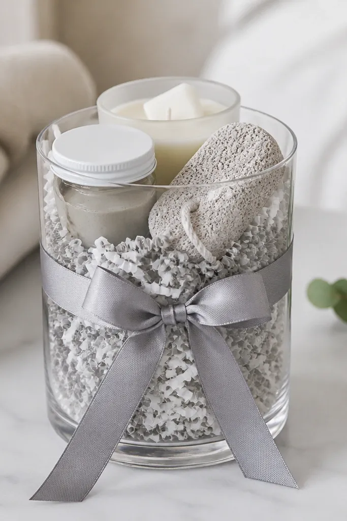 A clear acrylic tumbler filled with pale gray and white filler. Inside are a mini face mask jar, a pumice stone, and a candle melt in a frosted container. A light gray ribbon wraps the tumbler.