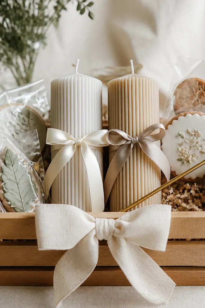 A small wood slat box holds two ribbon-wrapped candles standing upright. Surrounding them are wrapped cookies and a small candle snuffer tool. A cream linen ribbon bow sits on the front edge.