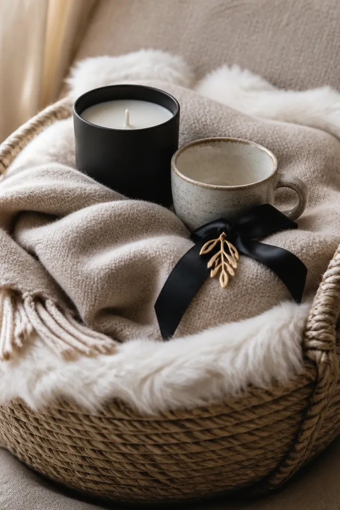 A woven basket lined with faux fur fabric. A small throw blanket is draped over items like a pocket, hiding packaging. A black candle and a mini mug sit on top, with a gold charm on a ribbon.