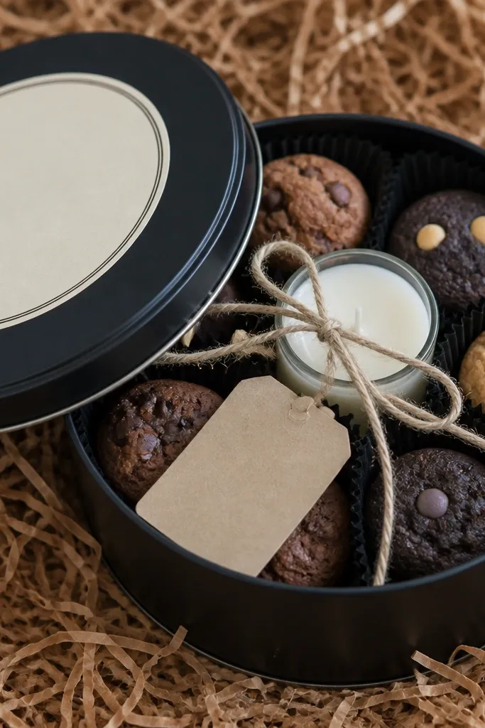 A black cookie tin with a cream label sits on top of shredded kraft paper. Inside are mini cookies wrapped in black liners, a small candle, and a handwritten-style tag tied with twine.