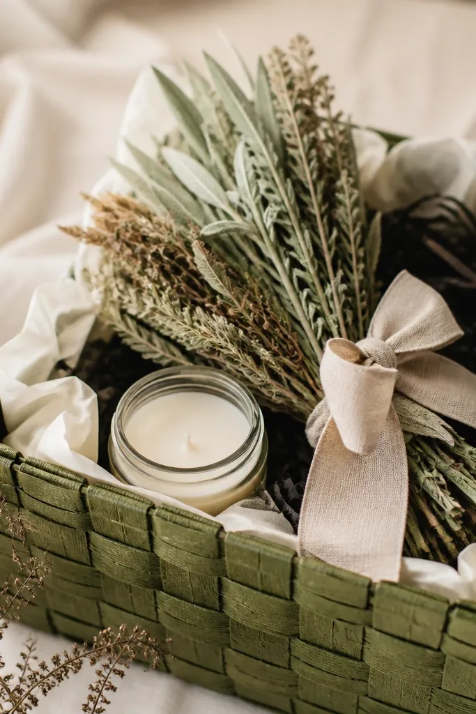 An olive-green woven basket filled with cream tissue and black shredded paper. A bundle of dried herbs sits on top with a small jar candle and a linen ribbon bow.
