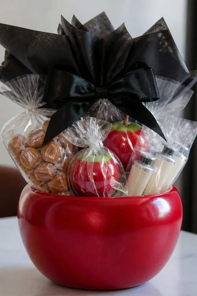 A red apple-shaped container holds clear treat bags. The bags contain caramel candies, wrapped apples, and mini hand creams. Black tissue and a black bow sit at the top.